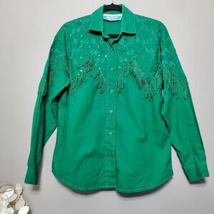 Vintage Western Shirt Size Small Green Sequin Tassel Southwest Canyon *READ*